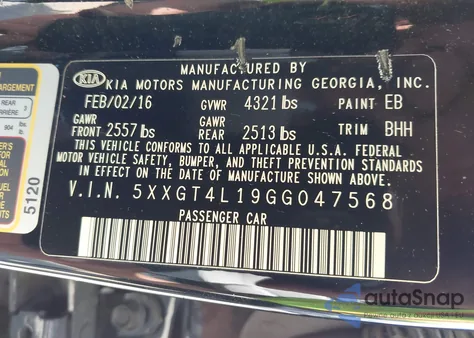 2016 Kia Optima Lx Turbo from USA, damaged, VIN 5XXGT4L19GG047568